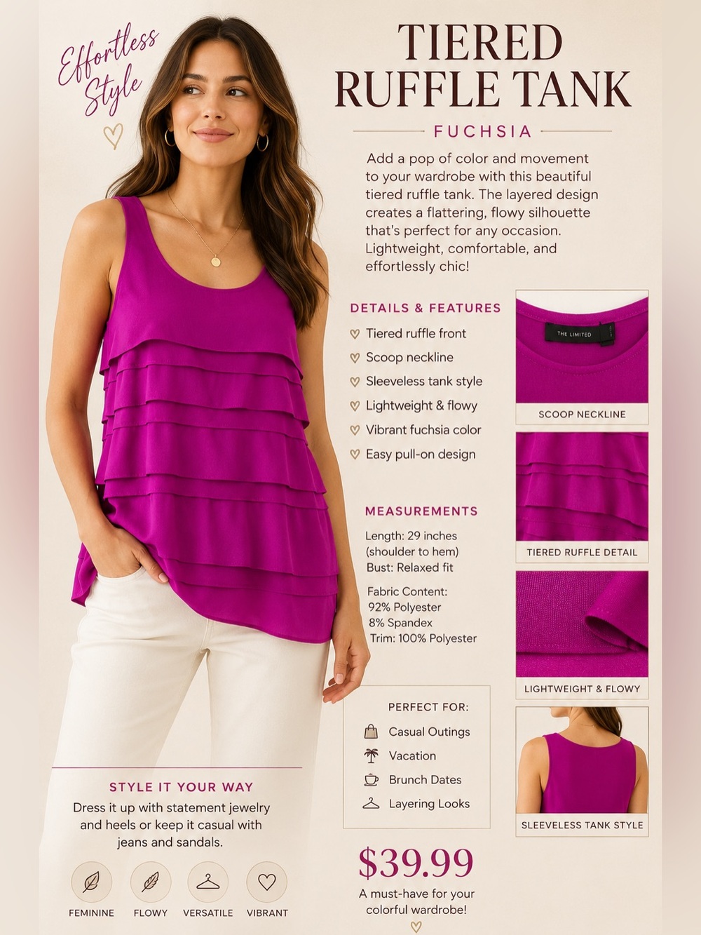 The Limited Fuchsia Tiered Ruffle Tank